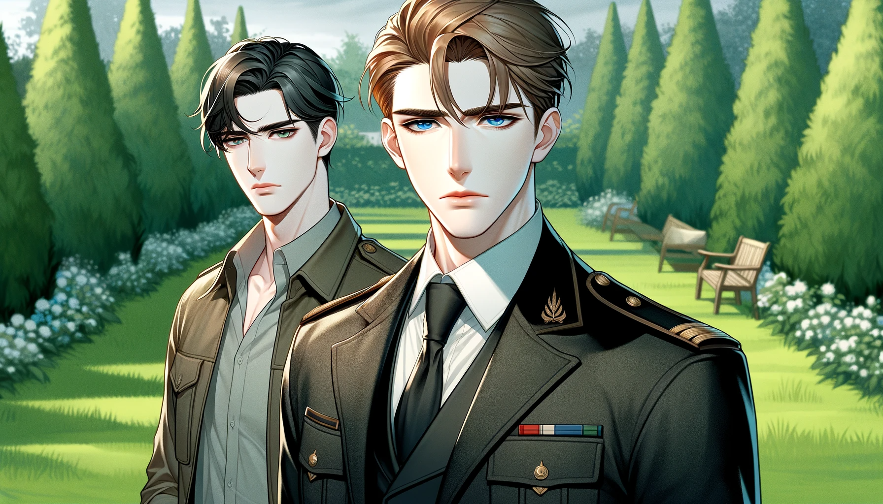 DALL·E 2023-11-28 13.42.20 - In a semi-realistic style, depict two brothers standing side by side on a lawn in a garden. The older brother is 30 years old, strong and resilient, w